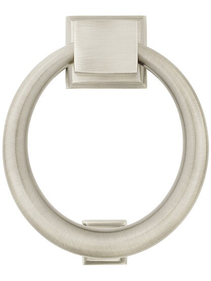 Solid Brass Ring Door Knocker With Square Bases in Satin Nickel.